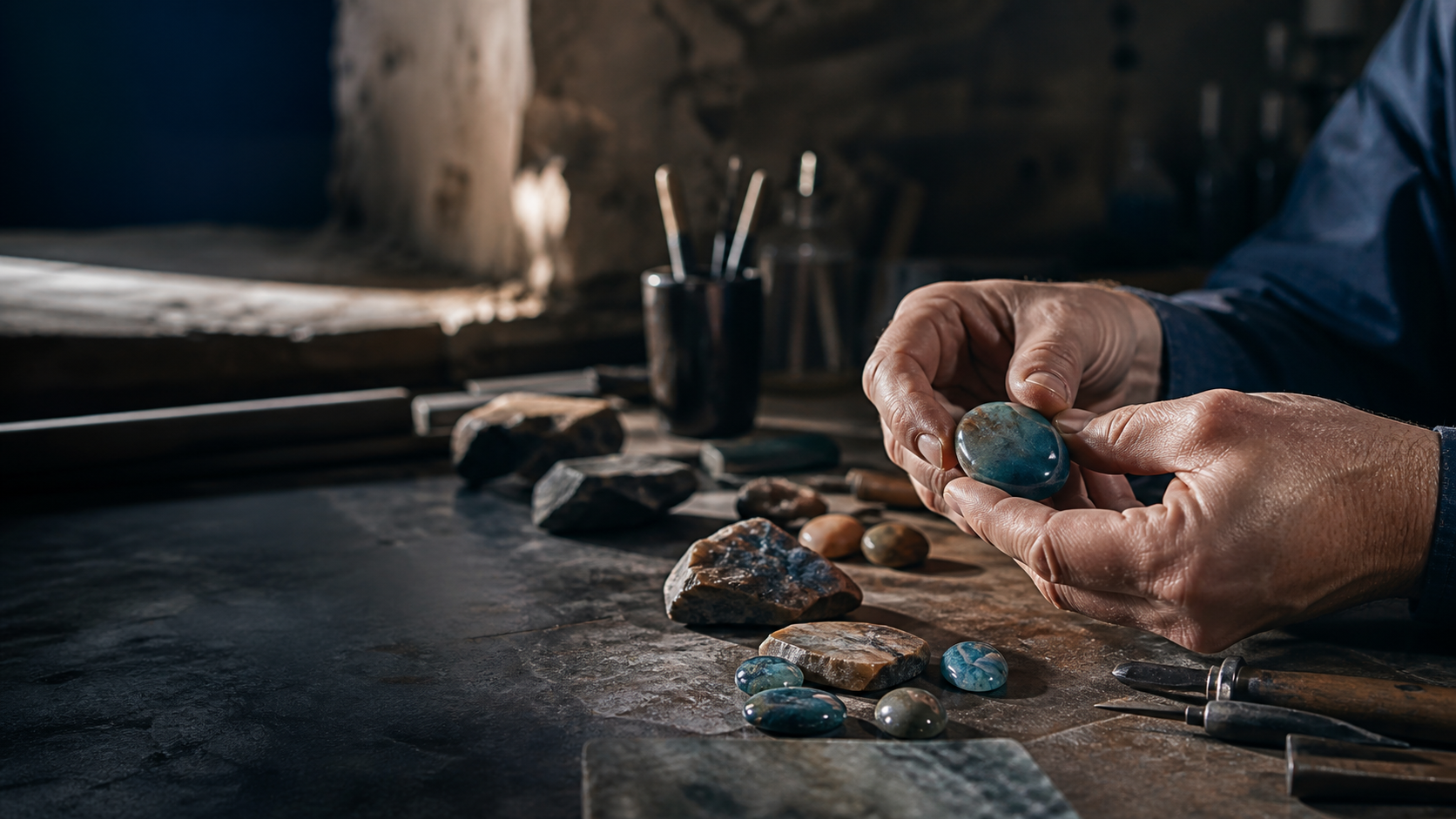 Artisan lapidaire examinant une pierre polie